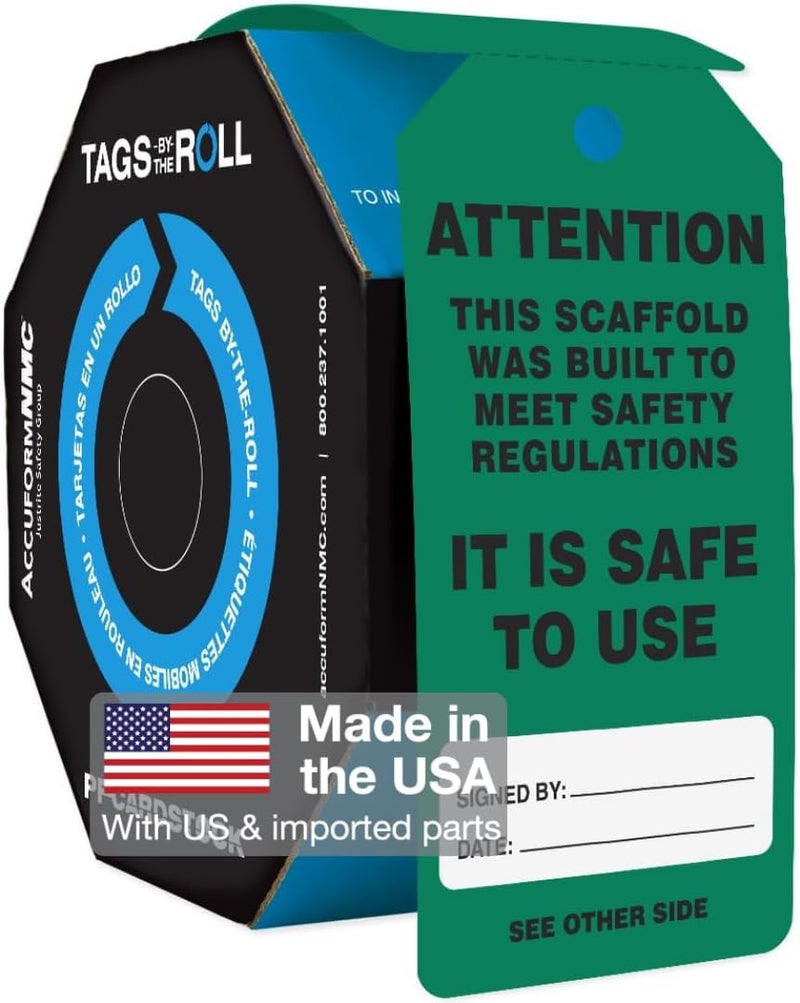 NMC AccuformNMC 250 Scaffolding Tags by-The-Roll, Attention - Scaffold is Safe to Use, US Made OSHA Compliant Scaffold Tags, Waterproof PF-Cardstock, Resists Tears, 6.25"x3", TAR731 - Image 1